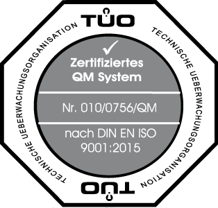 TÜV-Zertifikat für Qualitätsmanagement nach DIN EN ISO 9001:2015.