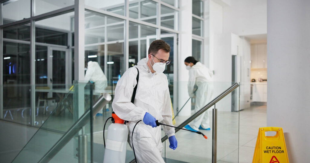 Person im Schutzanzug desinfiziert Treppengeländer.